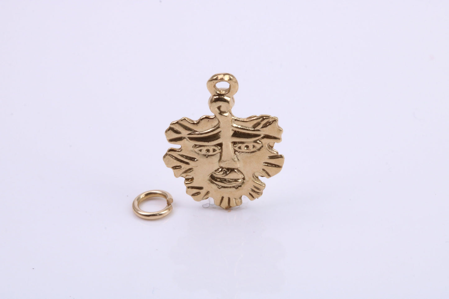 Green Man Charm, Traditional Charm, Made from Solid 9ct Yellow Gold, British Hallmarked, Complete with Attachment Link