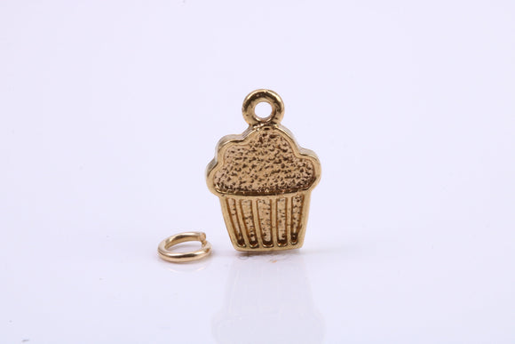 Cup Cake Charm, Traditional Charm, Made from Solid 9ct Yellow Gold, British Hallmarked, Complete with Attachment Link