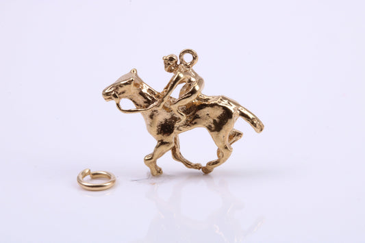 Jockey on Horse Charm, Traditional Charm, Made from Solid 9ct Yellow Gold, British Hallmarked, Complete with Attachment Link