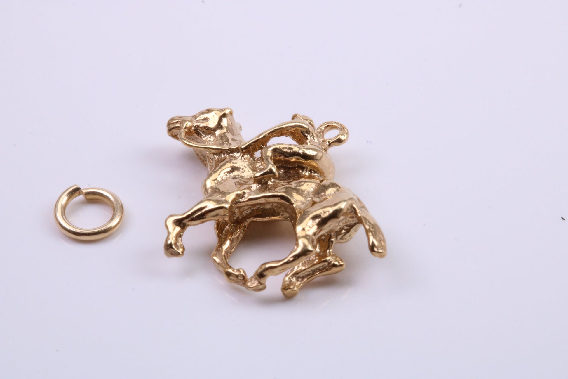 Jockey on Horse Charm, Traditional Charm, Made from Solid 9ct Yellow Gold, British Hallmarked, Complete with Attachment Link