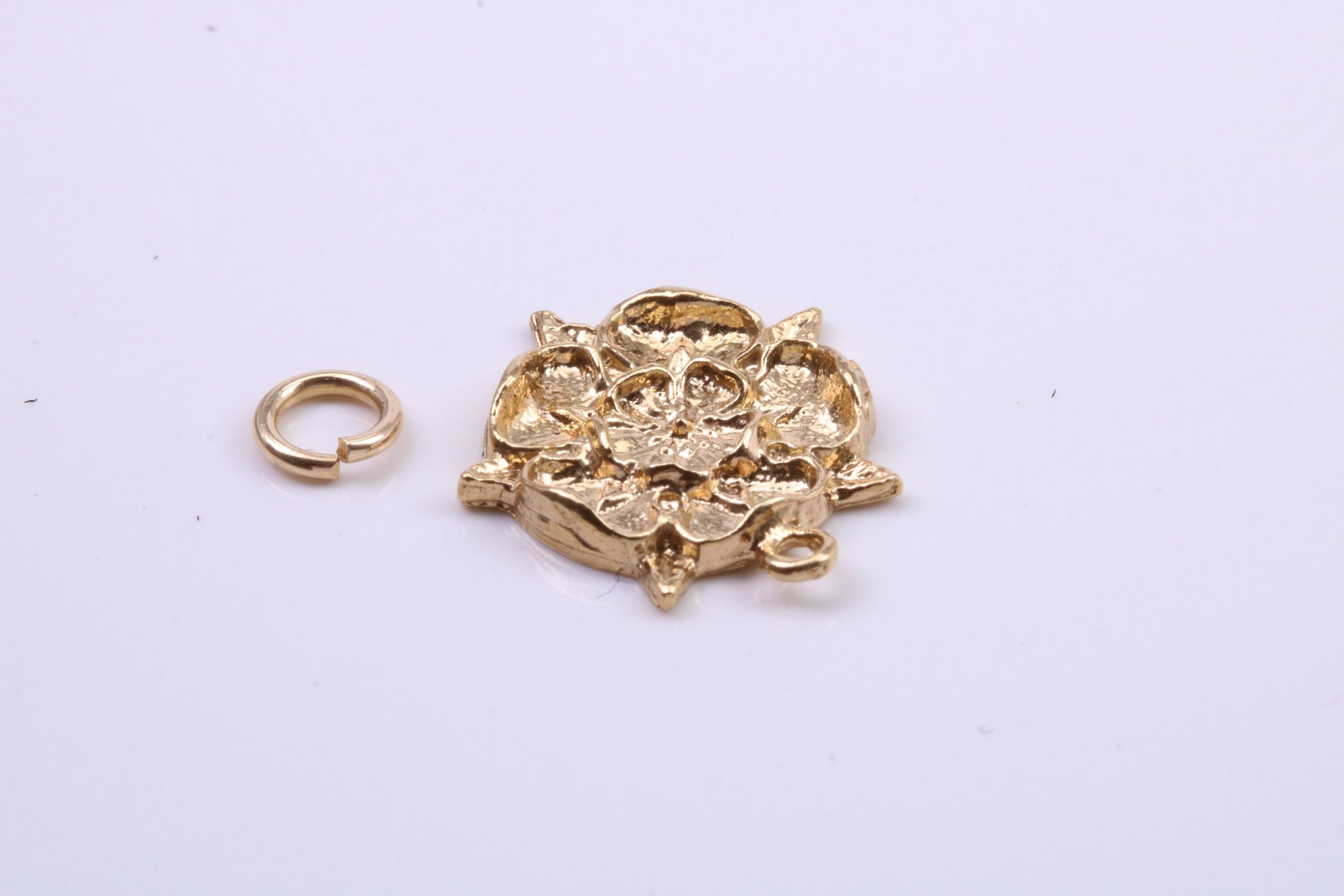 Tudor Rose Charm, Traditional Charm, Made from Solid 9ct Yellow Gold, British Hallmarked, Complete with Attachment Link