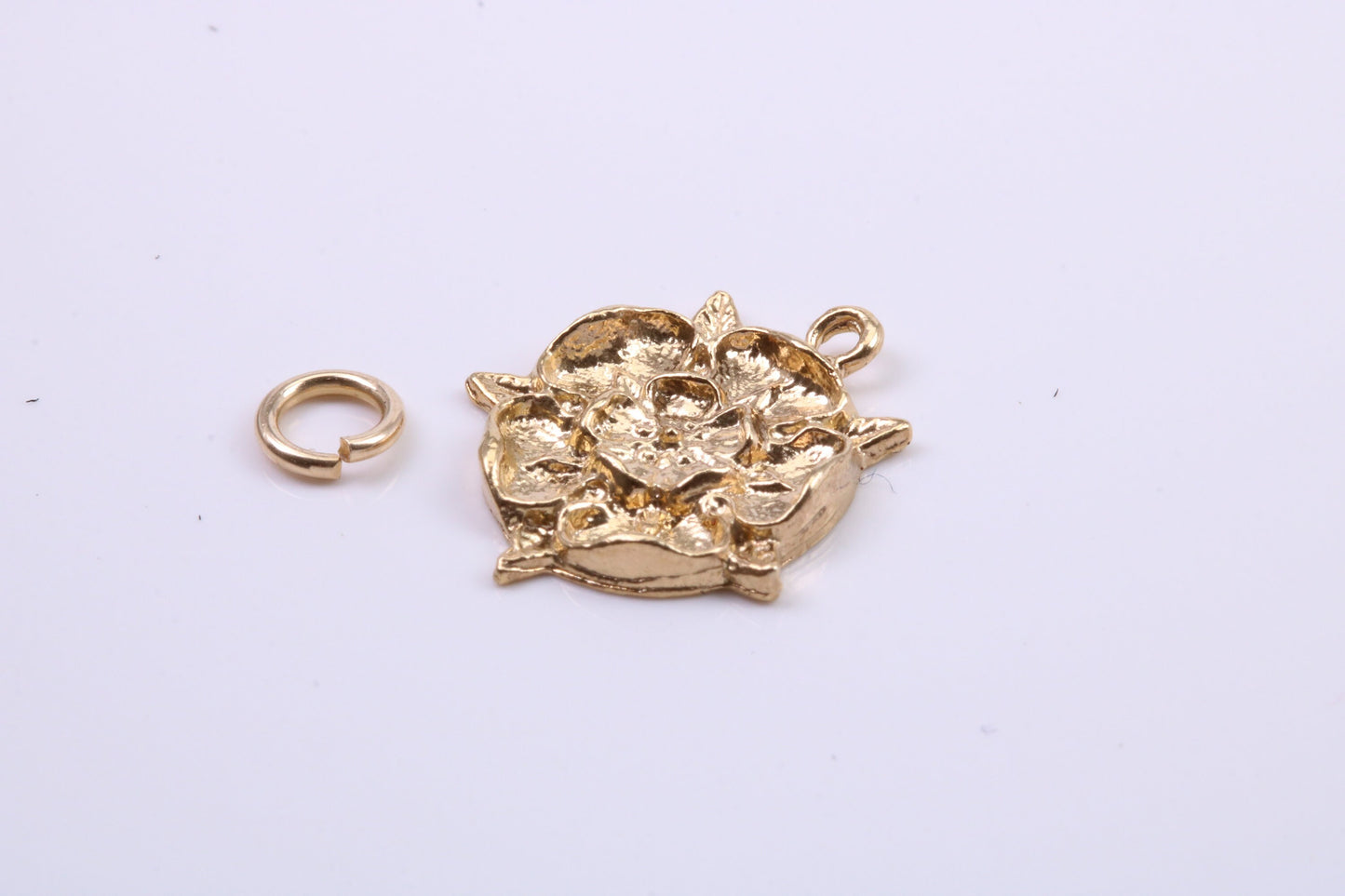 Tudor Rose Charm, Traditional Charm, Made from Solid 9ct Yellow Gold, British Hallmarked, Complete with Attachment Link