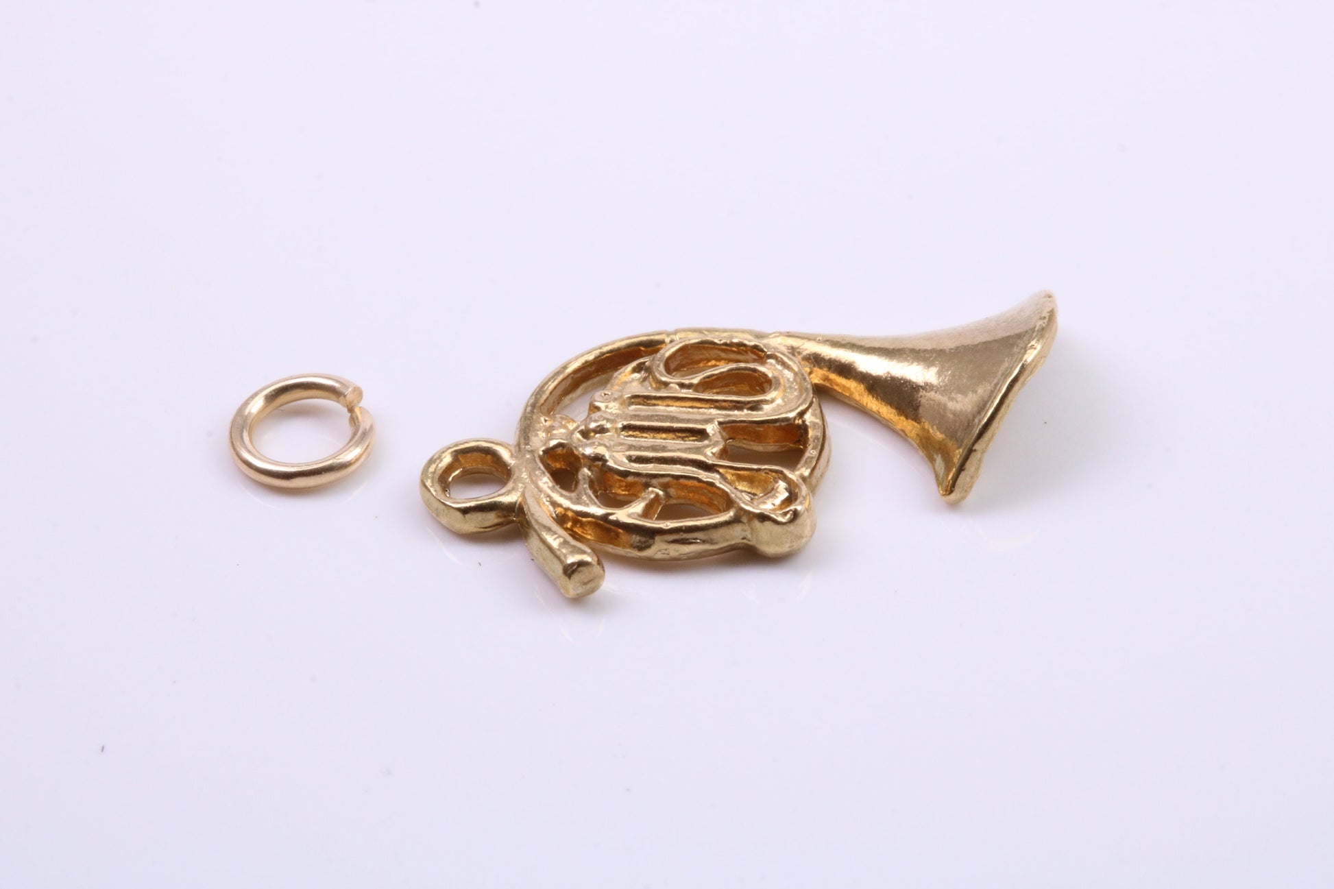 French Horn Charm, Traditional Charm, Made from Solid 9ct Yellow Gold, British Hallmarked, Complete with Attachment Link