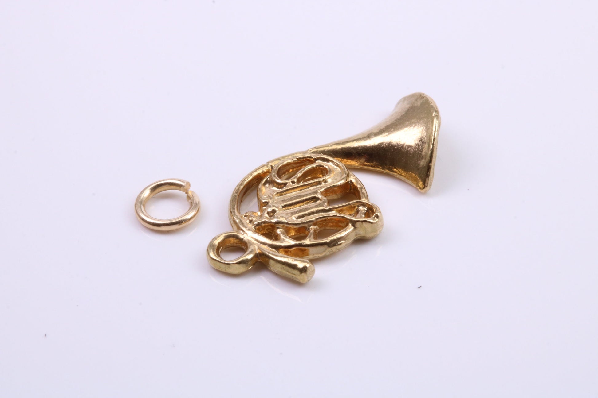 French Horn Charm, Traditional Charm, Made from Solid 9ct Yellow Gold, British Hallmarked, Complete with Attachment Link