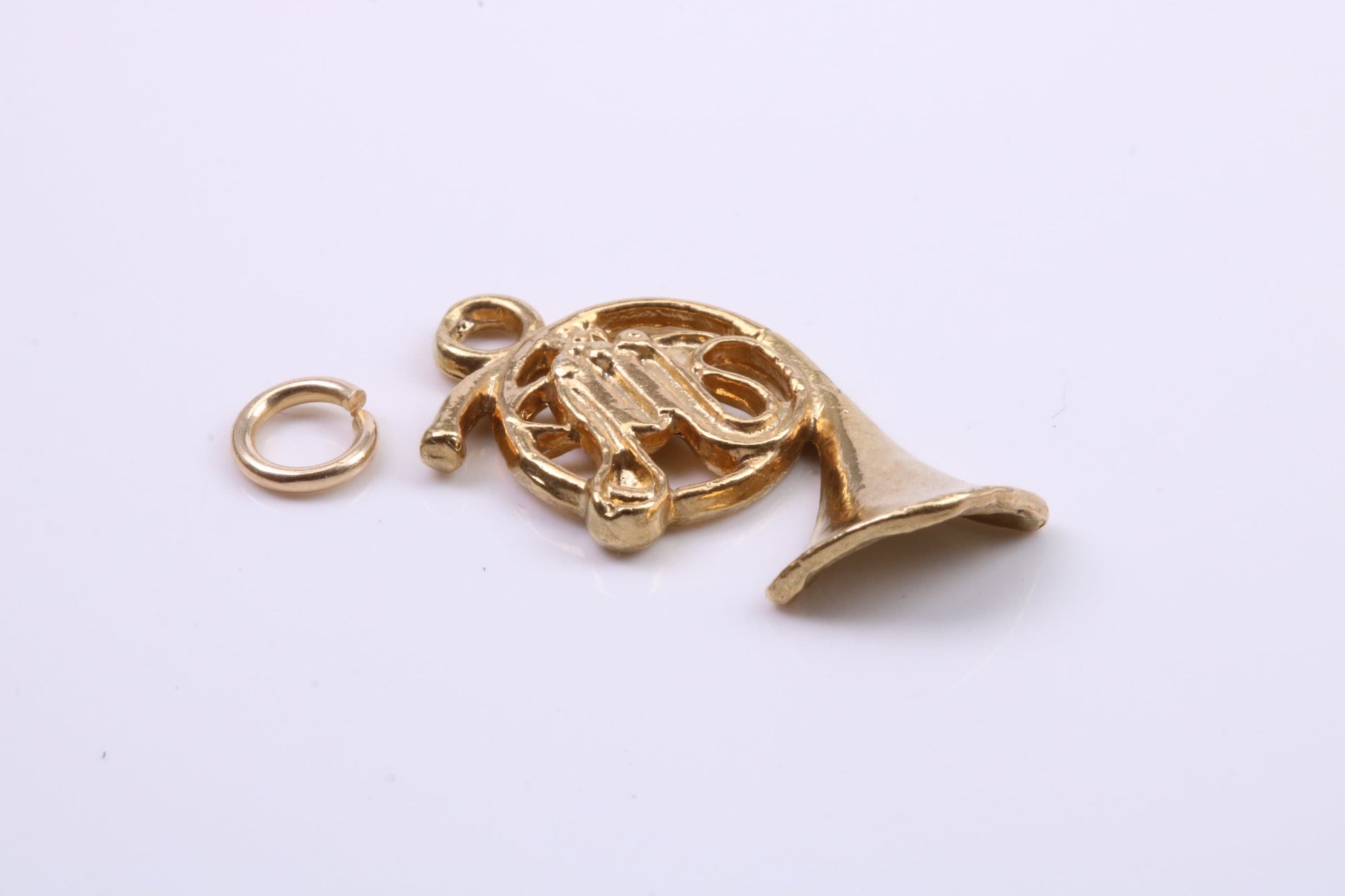 French Horn Charm, Traditional Charm, Made from Solid 9ct Yellow Gold, British Hallmarked, Complete with Attachment Link