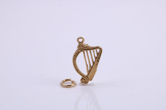 Harp Charm, Traditional Charm, Made from Solid 9ct Yellow Gold, British Hallmarked, Complete with Attachment Link