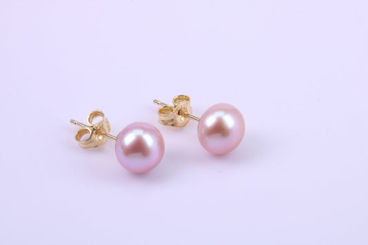 Round Natural Freshwater Pearl Stud Dropper Earrings set in Solid Yellow Gold
