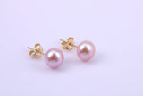 Round Natural Freshwater Pearl Stud Earrings with Matching Necklace set in Solid Yellow Gold