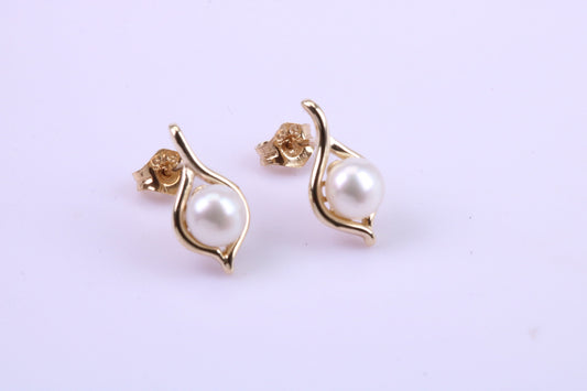 Round Natural Freshwater Pearl Stud Dropper Earrings set in Solid Yellow Gold