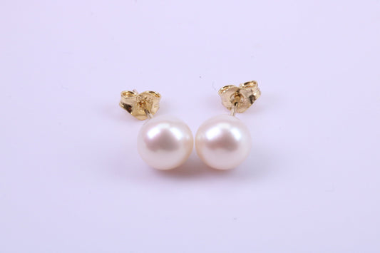 Round Natural Freshwater Pearl Stud Dropper Earrings set in Solid Yellow Gold