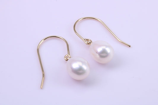 Teardrop Natural Freshwater Pearl Dropper Earrings set in Solid Yellow Gold