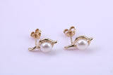 Real Pearl Necklace and Matching Earrings set in Solid Yellow Gold Together with 18 Inch Yellow Gold Chain