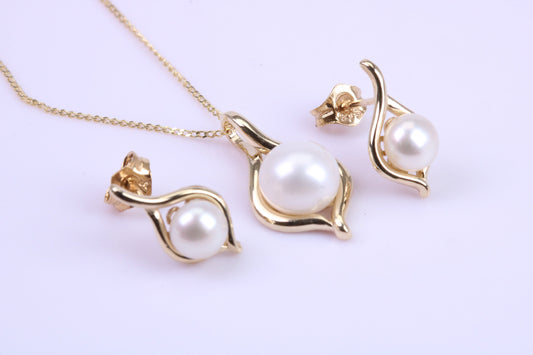 Real Pearl Necklace and Matching Earrings set in Solid Yellow Gold Together with 18 Inch Yellow Gold Chain
