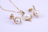 Real Pearl Necklace and Matching Earrings set in Solid Yellow Gold Together with 18 Inch Yellow Gold Chain