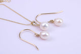Real Pearl Necklace and Matching Earrings set in Solid Yellow Gold Together with 18 Inch Yellow Gold Chain