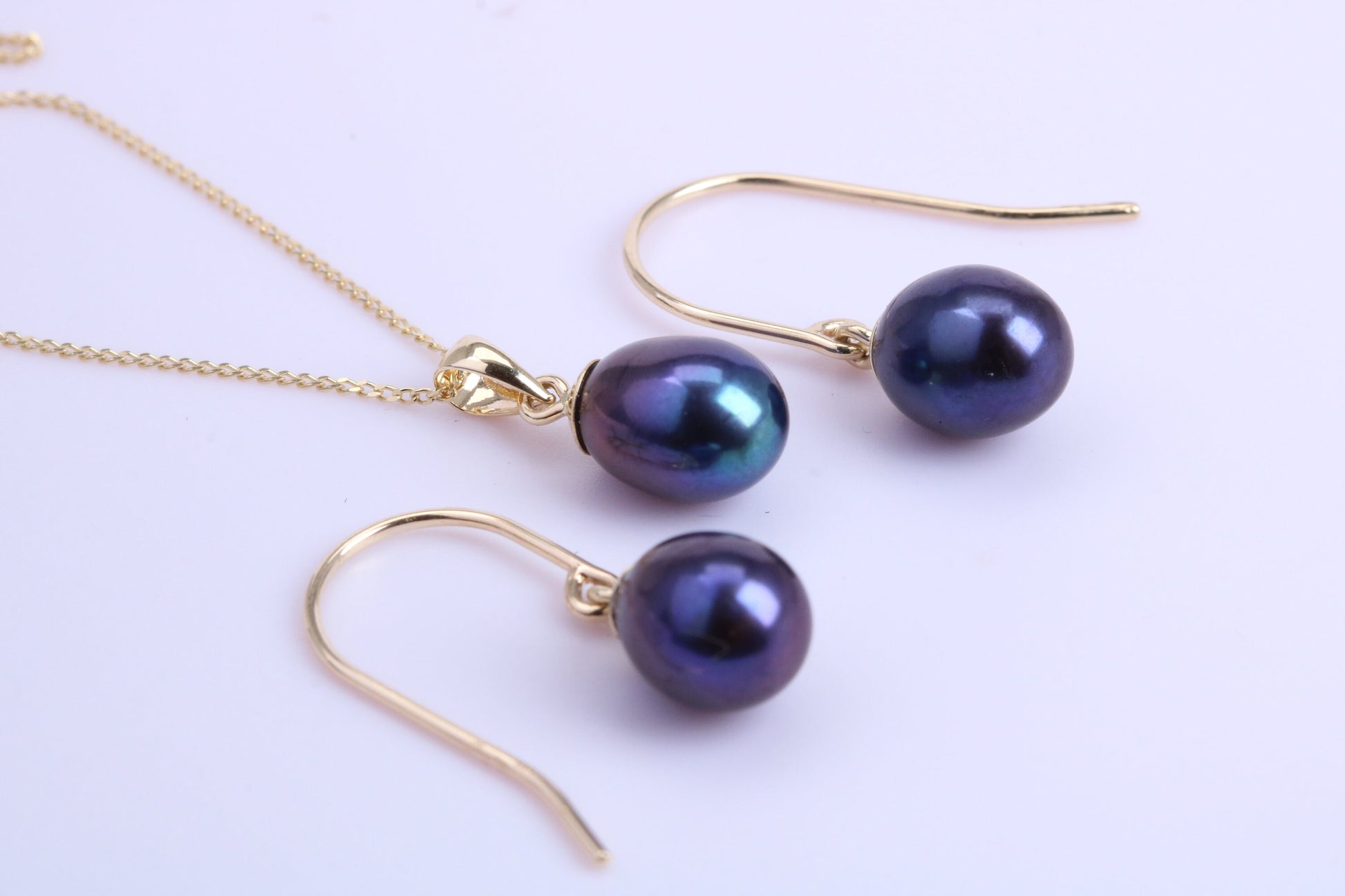 Teardrop Pearl Necklace and Matching Earrings set in Solid Yellow Gold Together with 18 Inch Yellow Gold Chain