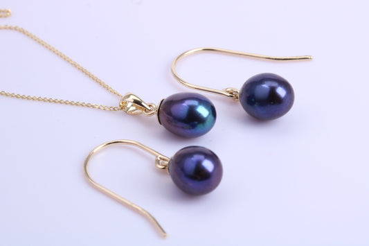 Teardrop Pearl Necklace and Matching Earrings set in Solid Yellow Gold Together with 18 Inch Yellow Gold Chain