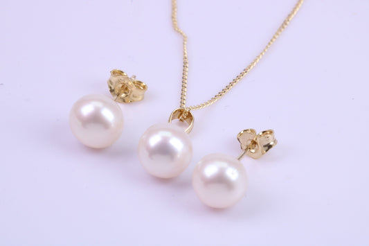 Real Pearl Necklace and Matching Earrings set in Solid Yellow Gold Together with 18 Inch Yellow Gold Chain
