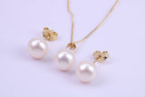 Real Pearl Necklace and Matching Earrings set in Solid Yellow Gold Together with 18 Inch Yellow Gold Chain