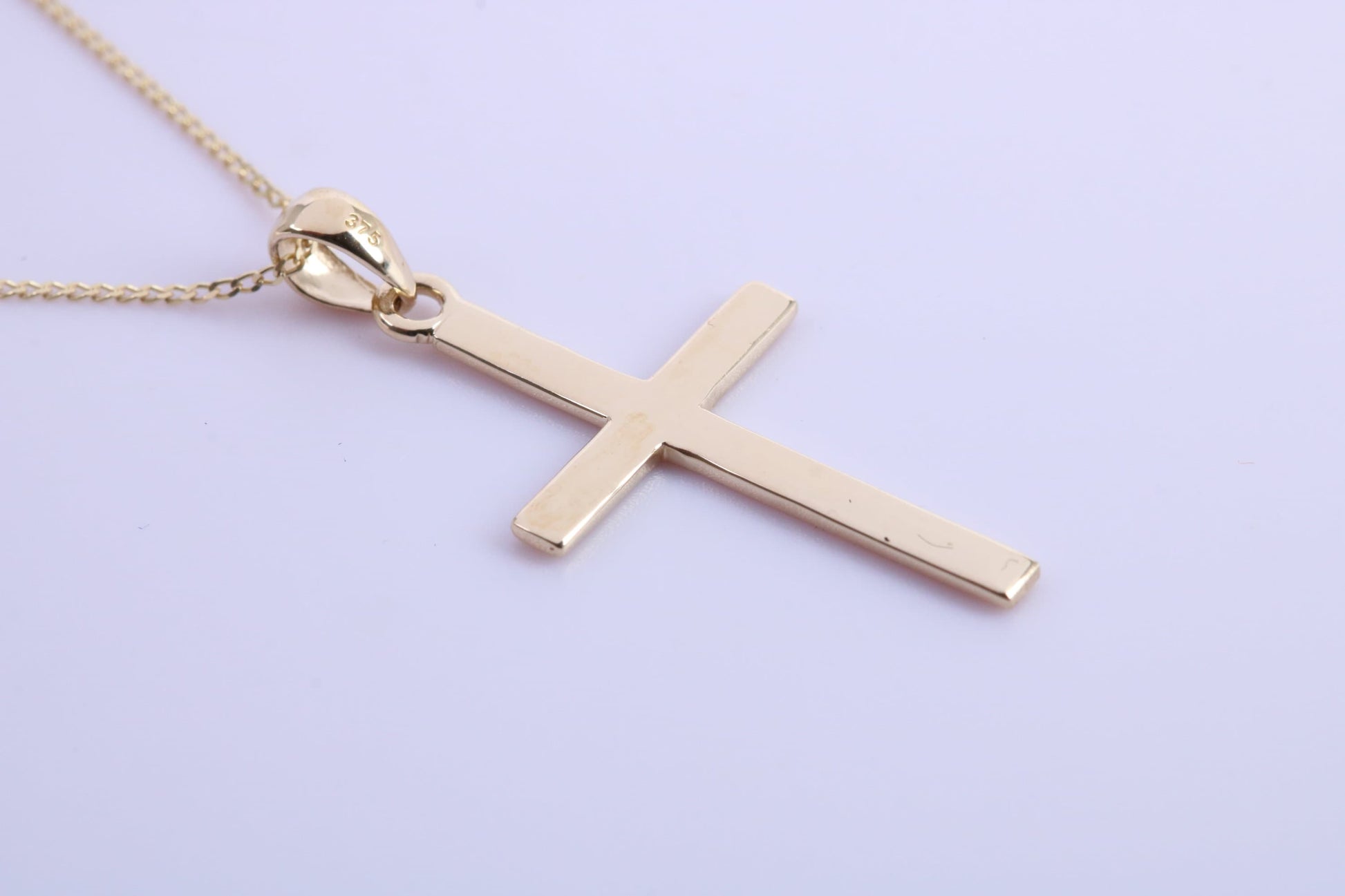 Simple 33 mm Long Cross Together with 18 Inch Long Chain, Made from Solid Yellow Gold with High Polished Finish