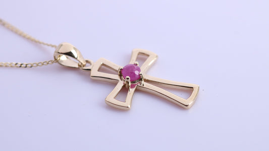 Natural Ruby set 25 mm Long Cross Together with 18 Inch Long Chain, Made from Solid Yellow Gold with High Polished Finish