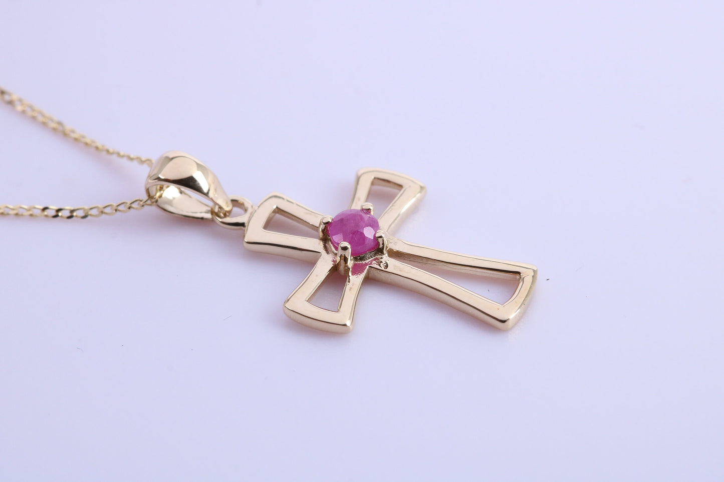 Natural Ruby set 25 mm Long Cross Together with 18 Inch Long Chain, Made from Solid Yellow Gold with High Polished Finish