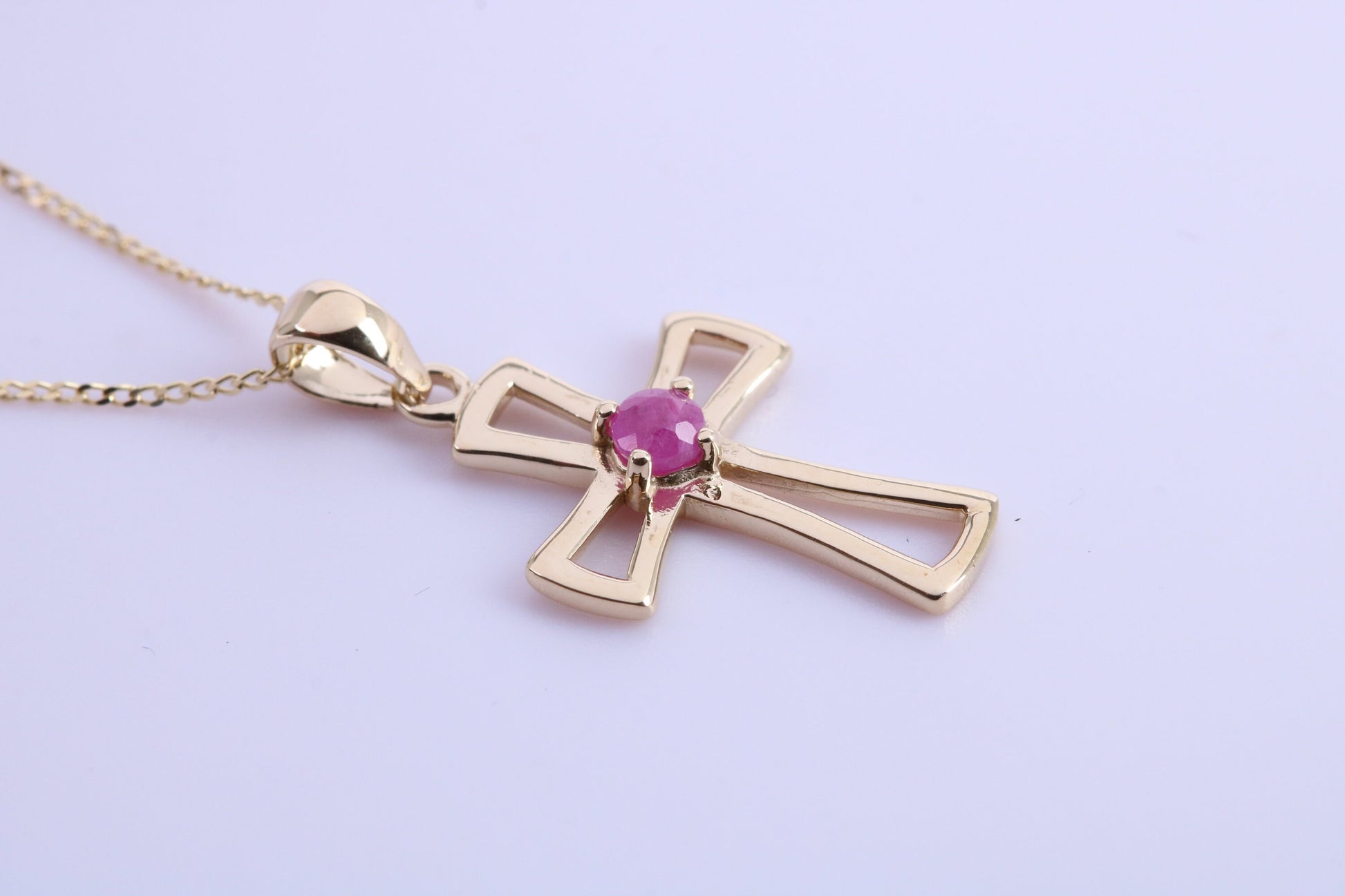 Natural Ruby set 25 mm Long Cross Together with 18 Inch Long Chain, Made from Solid Yellow Gold with High Polished Finish