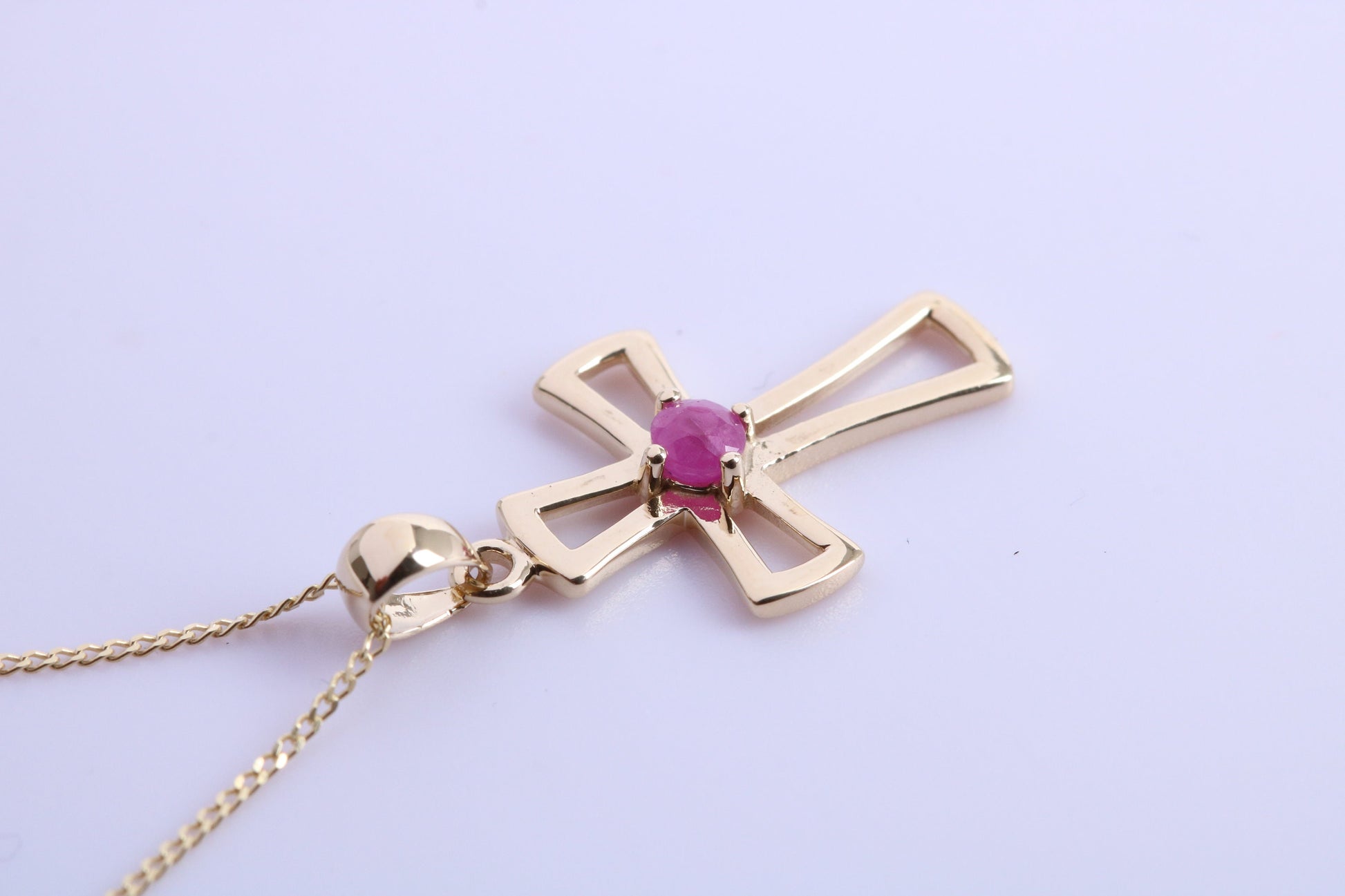 Natural Ruby set 25 mm Long Cross Together with 18 Inch Long Chain, Made from Solid Yellow Gold with High Polished Finish