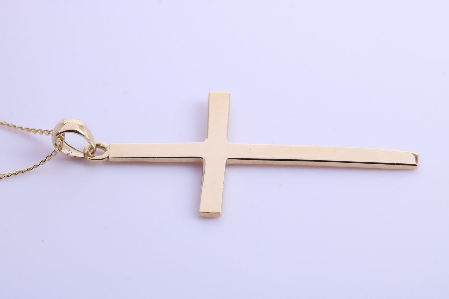 Simple 40 mm Long Cross Together with 18 Inch Long Chain, Made from Solid Yellow Gold with High Polished Finish