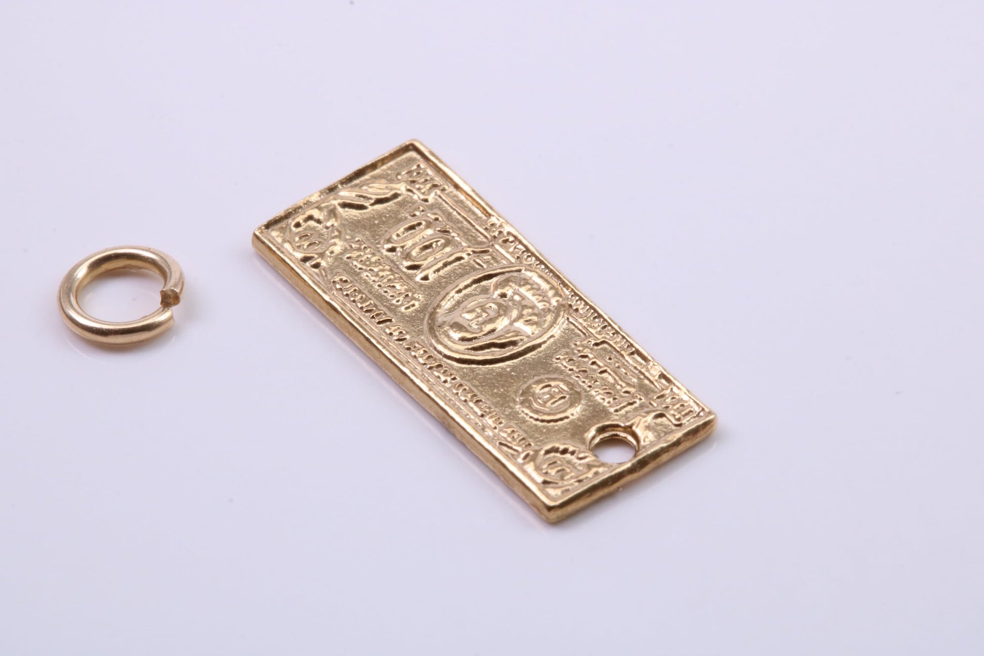 100 Dollar Bill Charm, Traditional Charm, Made from Solid 9ct Yellow Gold, British Hallmarked, Complete with Attachment Link