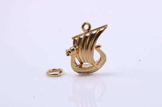 Viking Boat Charm, Traditional Charm, Made from Solid 9ct Yellow Gold, British Hallmarked, Complete with Attachment Link