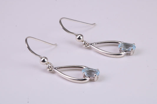 Real Oval cut Blue Topaz set Dropper Earrings, Very Dressy, Made from Solid 925 Grade Sterling Silver
