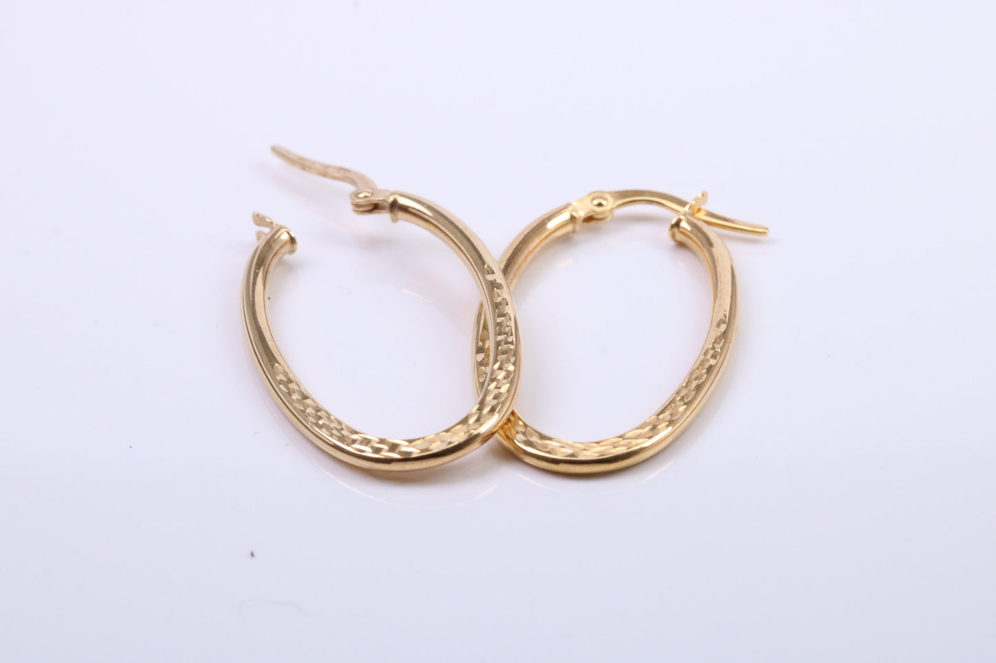 31 mm Long Hoop Creole Earrings Made from 9ct Yellow Gold, Diamond cut Patterned