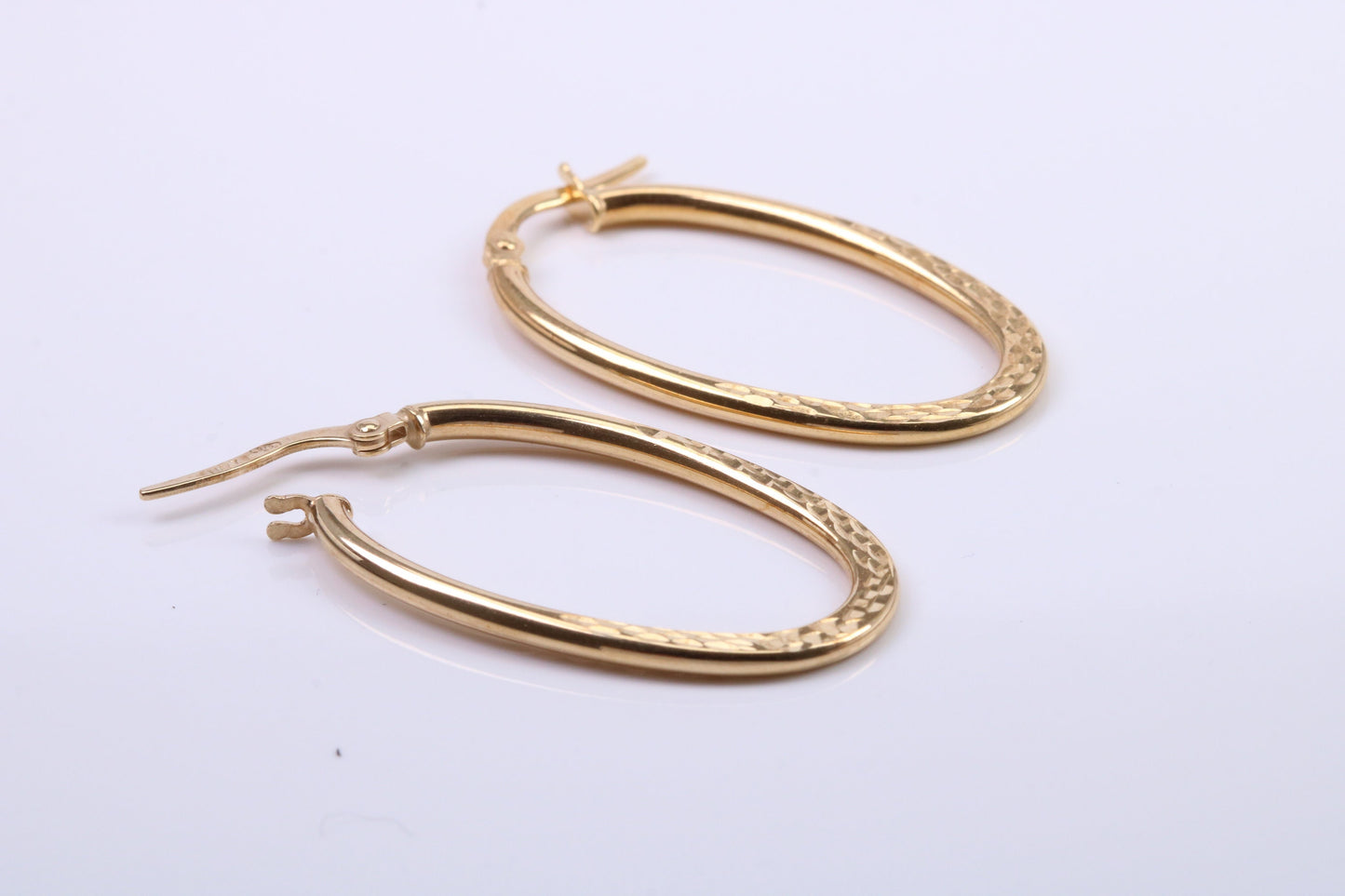 31 mm Long Hoop Creole Earrings Made from 9ct Yellow Gold, Diamond cut Patterned