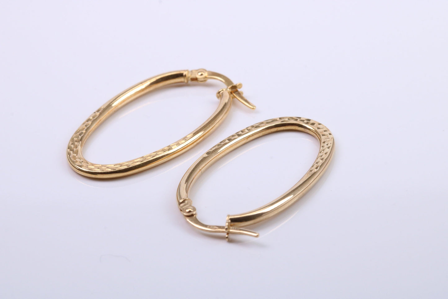 31 mm Long Hoop Creole Earrings Made from 9ct Yellow Gold, Diamond cut Patterned