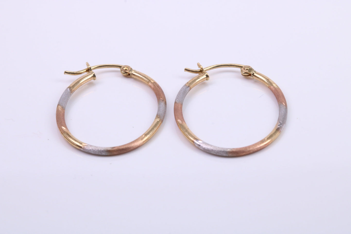 26 mm Long Hoop Creole Earrings Made from 9ct Yellow Gold, Three Colour Gold