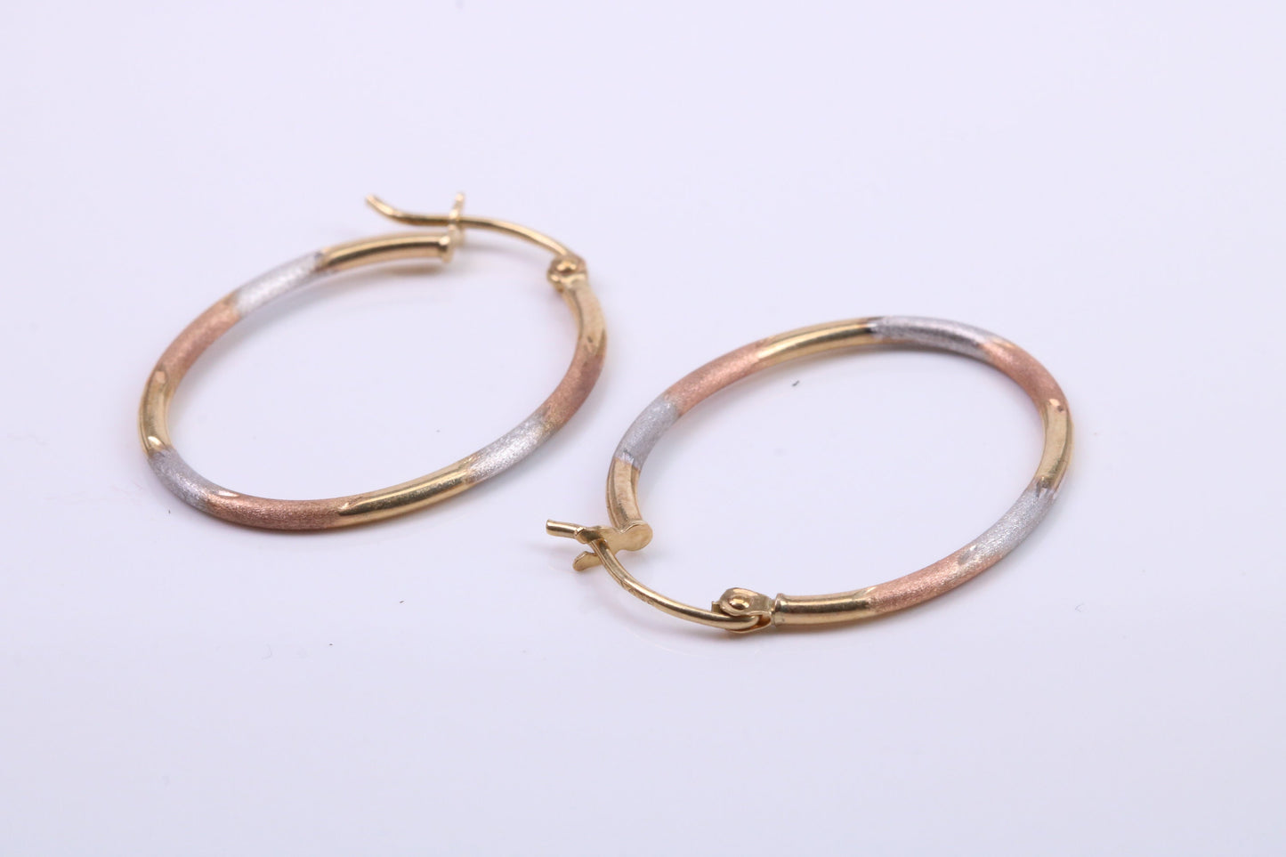 26 mm Long Hoop Creole Earrings Made from 9ct Yellow Gold, Three Colour Gold