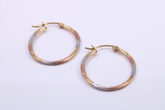 26 mm Long Hoop Creole Earrings Made from 9ct Yellow Gold, Three Colour Gold