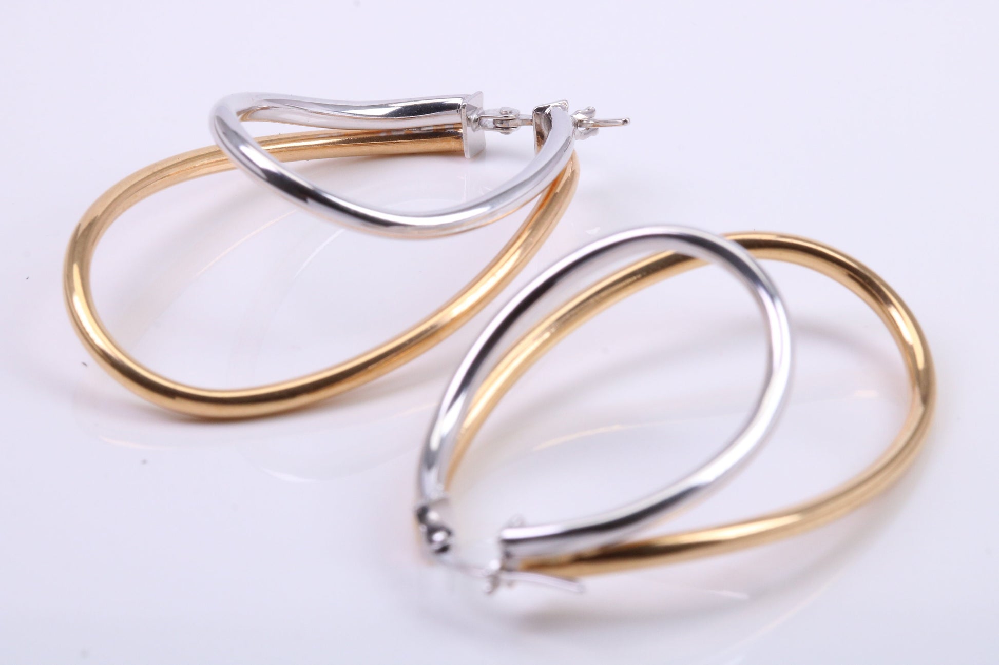 Large 41 mm Long Two Colour Hoop Creole Earrings Made from 9ct Yellow and White Gold, British Hallmarked