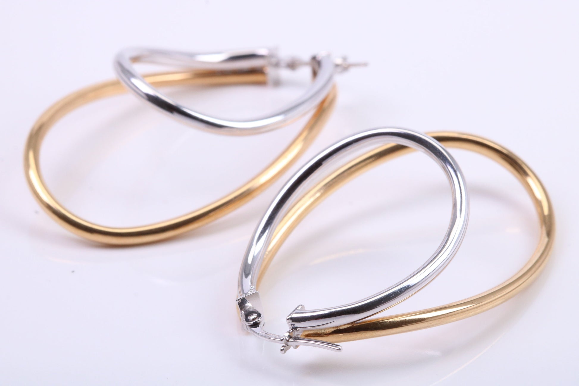 Large 41 mm Long Two Colour Hoop Creole Earrings Made from 9ct Yellow and White Gold, British Hallmarked