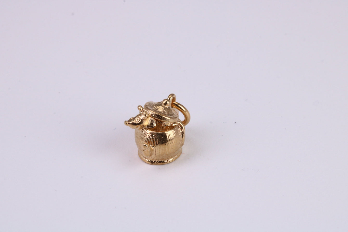 Mouse in Teapot Charm, Traditional Charm, Made From Solid Yellow Gold with British Hallmark, Complete with Attachment Link