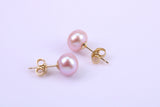 Round Natural Freshwater Pearl Stud Earrings with Matching Necklace set in Solid Yellow Gold