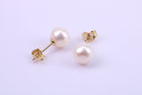 Round Natural Freshwater Pearl Stud Dropper Earrings set in Solid Yellow Gold