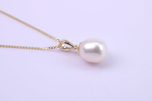 Teardrop Natural Cultured Pearl Necklace set in Solid Yellow Gold Together with 18 Inch Yellow Gold Chain
