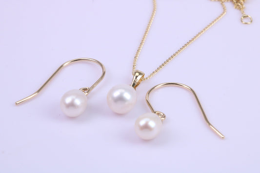 Real Pearl Necklace and Matching Earrings set in Solid Yellow Gold Together with 18 Inch Yellow Gold Chain
