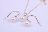 Real Pearl Necklace and Matching Earrings set in Solid Yellow Gold Together with 18 Inch Yellow Gold Chain