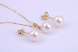 Real Pearl Necklace and Matching Earrings set in Solid Yellow Gold Together with 18 Inch Yellow Gold Chain