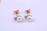 Real Pearl Necklace and Matching Earrings set in Solid Yellow Gold Together with 18 Inch Yellow Gold Chain