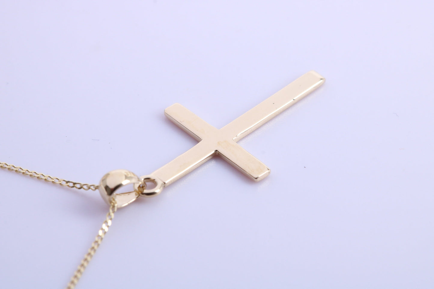 Simple 33 mm Long Cross Together with 18 Inch Long Chain, Made from Solid Yellow Gold with High Polished Finish