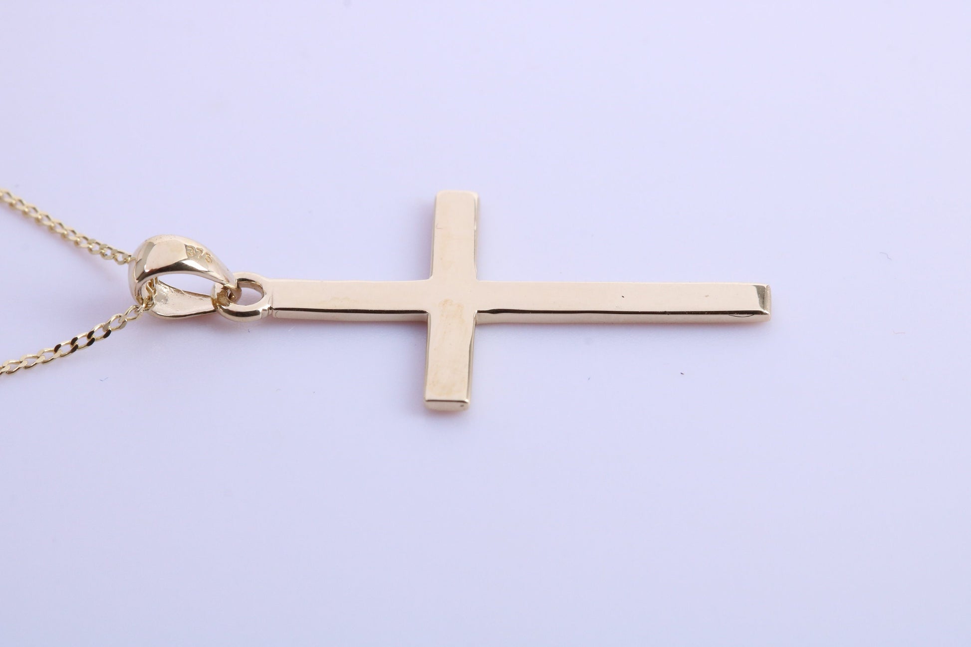 Simple 33 mm Long Cross Together with 18 Inch Long Chain, Made from Solid Yellow Gold with High Polished Finish